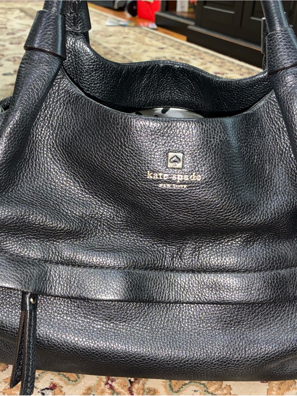 kate spade Black Pebbled Leather Hobo Shoulder Bag with Gold Logo